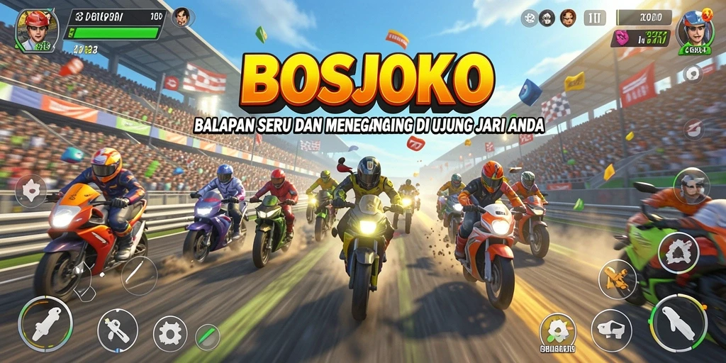 Screenshot <strong>BOSJOKO</strong> menampilkan momen balapan yang mendebarkan dengan mobil melaju kencang.