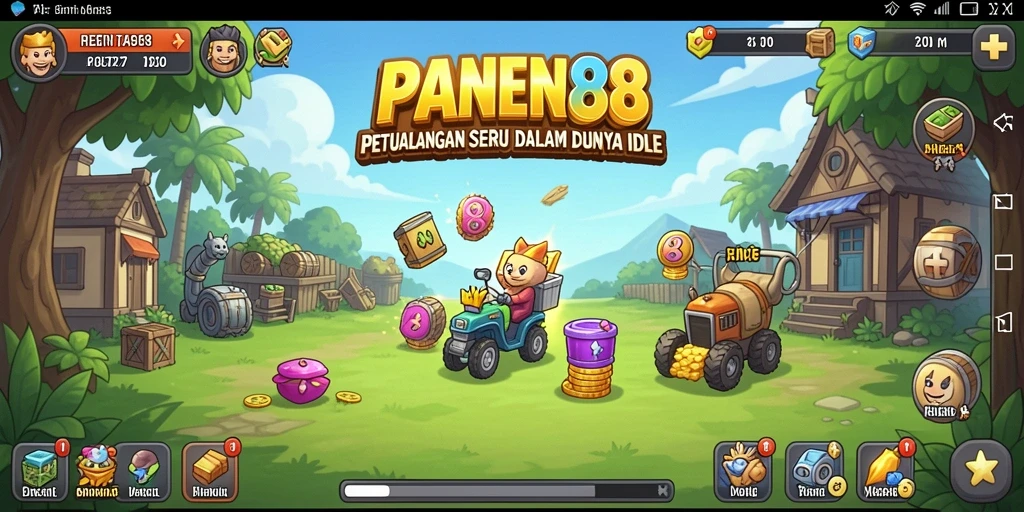 Screenshot gameplay PANEN88 yang menampilkan kebun yang indah dan hasil panen melimpah.